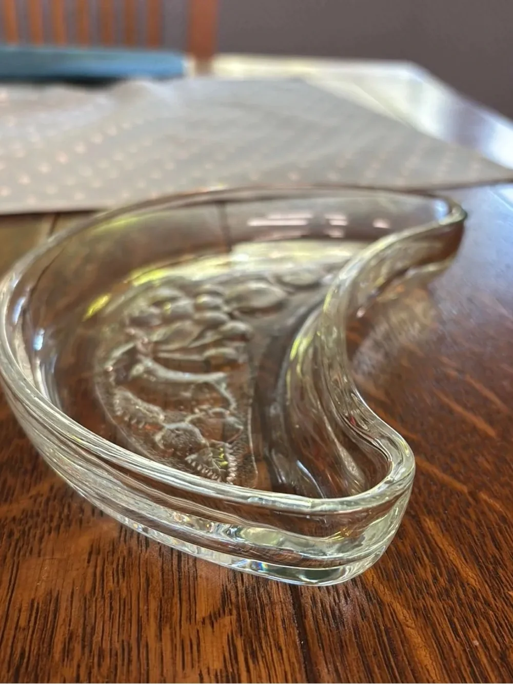 Vintage clear crescent shaped glass side or bone dishe with fruit design